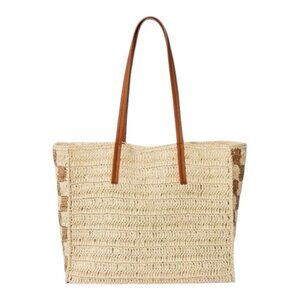 Universal Thread Straw Packable Checker Boxy Tote Beige NWT Summer Bag